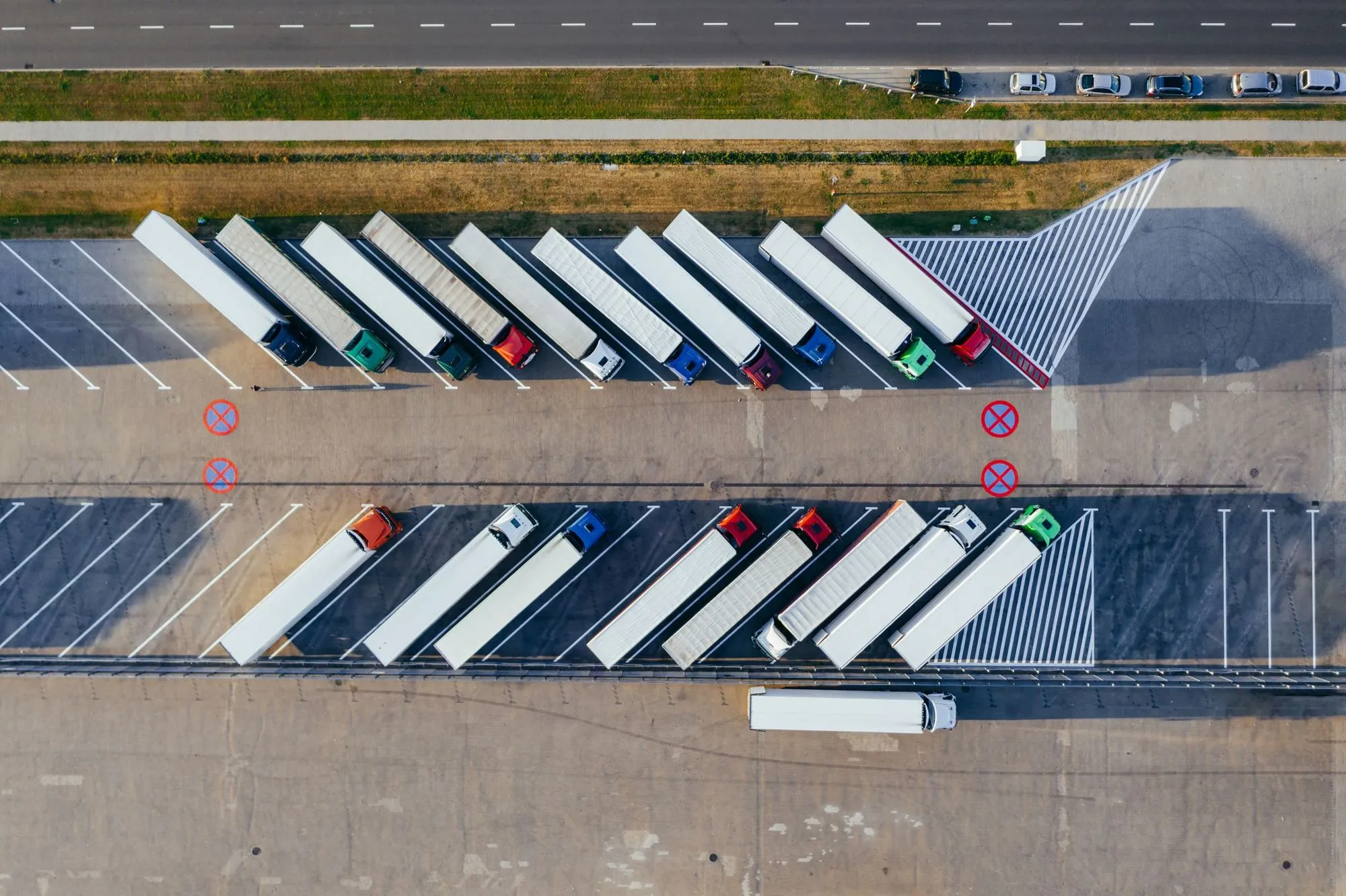 An aerial view of a truck yard